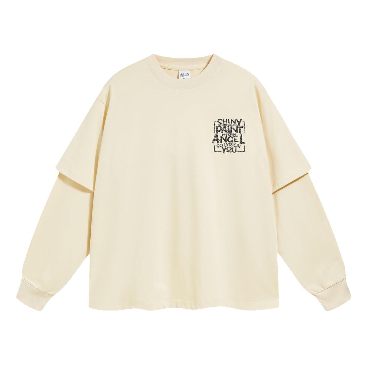 

2025 Fall Oversized Patchwork Printed Long Sleeve Men s T-Shirt with Faux Two-Piece Design L бежевий