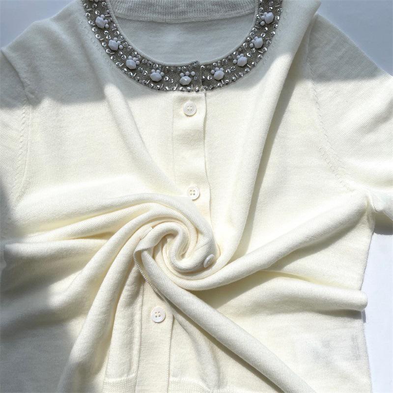 Elegant Hua Lun Single-Breasted French Wool Cardigan - Thin Solid Color, Long Sleeve, Round Neck Sweater.