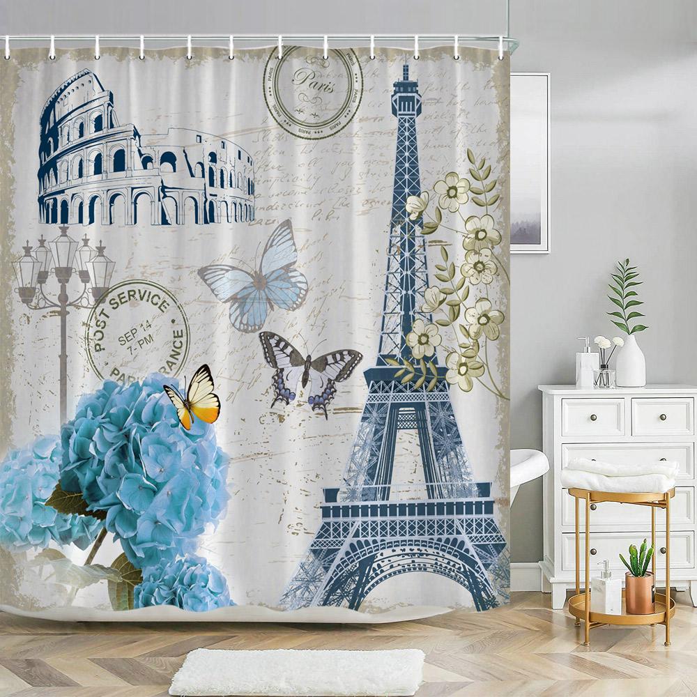 Paris Eiffel Tower Pink Shower Curtain Valentine's Day Flowers and Butterflies Polyester Washable Shower Curtains Bathroom Decor