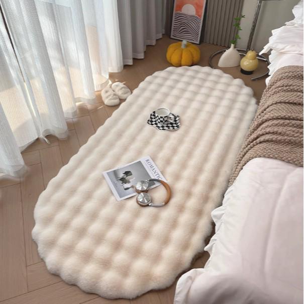Cream Rabbit Fur Oval Rug - Thick Bubble Velvet Bedroom/Bedside Mat, Coffee Table, Sofa Cushion