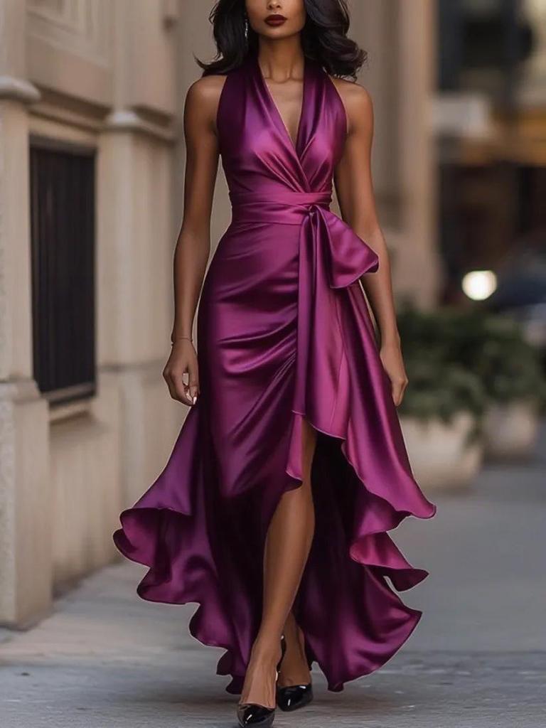 Trendy V-neck Irregular Women's Ruffle Dress