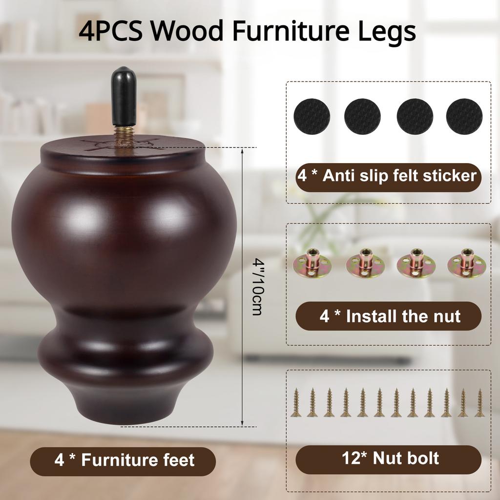 4Pcs Wood Gourd Shape Furniture Legs Retro Sofa Feet with Non-slip Felt Sticker for Table Cabinet Cupboard Couch Chair Table
