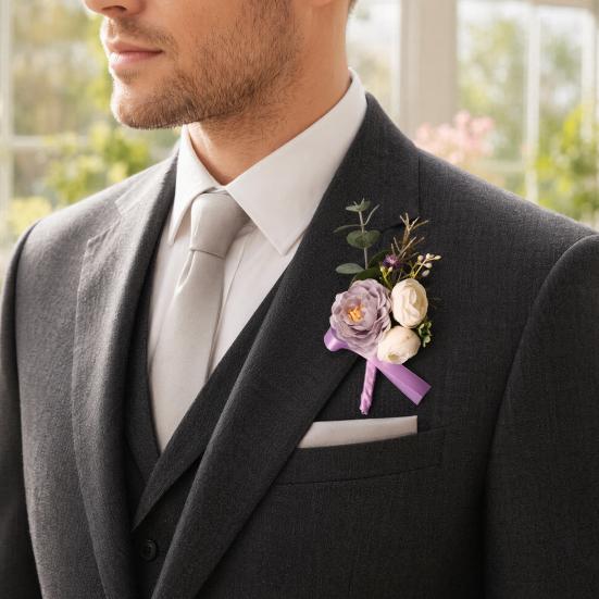 Yousheng Purple Wedding Boutonniere, Artificial Silk Flower Lapel Pin for Groom Bride Parents, Romantic Wrist Corsage for Bridal