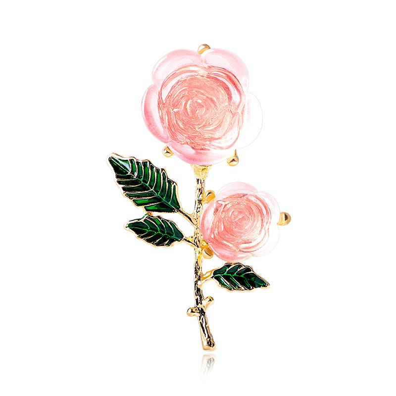 Fashionable oil dripping rose flower brooch, high-end enamel oil dripping green leaves, women s, ice crystal translucent pink breast flower