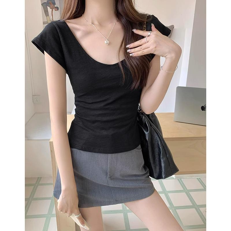 

Абрикосовая футболка с большим вырезом и короткими рукавами для женщин на лето, стройнящая и шикарная, милая, горячая девушка, с U-образным вырезом на правом плече, короткий топ XL