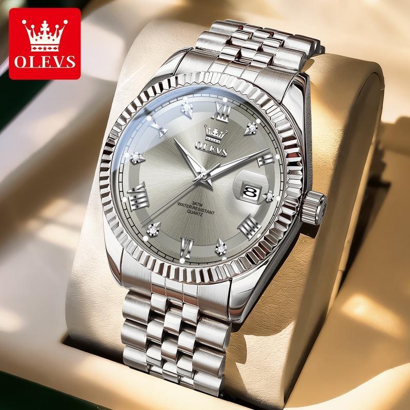 OLEVS Men's Watches Silver Stainless Steel Waterproof Quartz Watch for Man Luminous Date Business Original Male Wristwatch