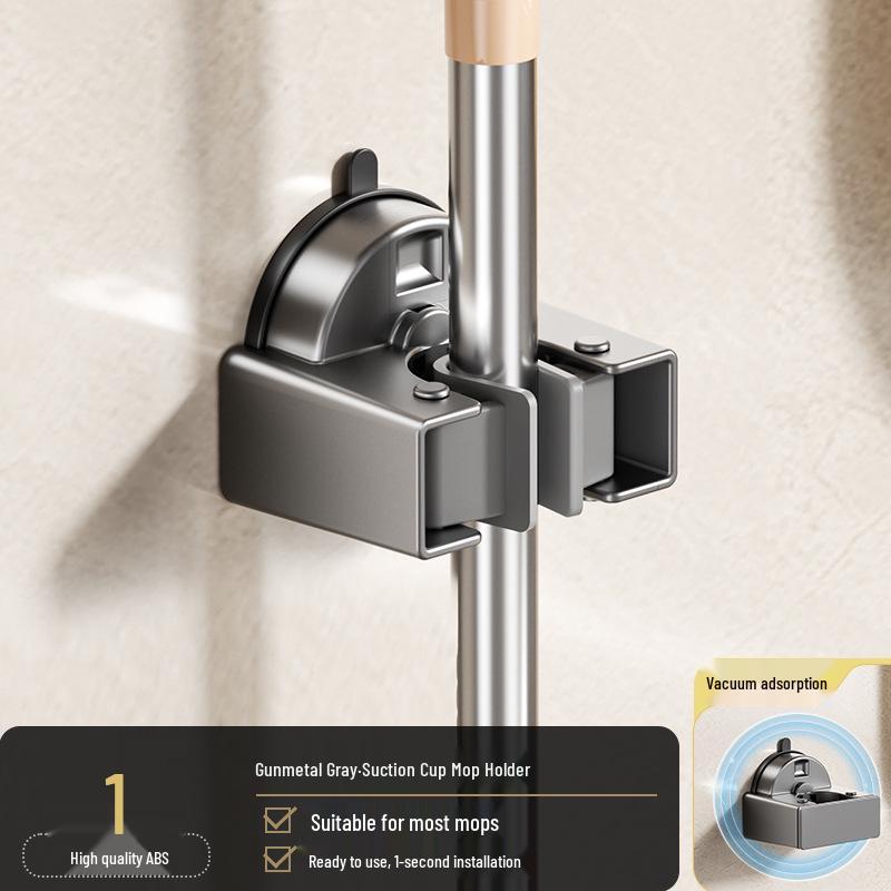 No-Punch Broom & Mop Wall Mount Clip - Suction Cup Hanging Rack for Bathroom/Backdoor Storage