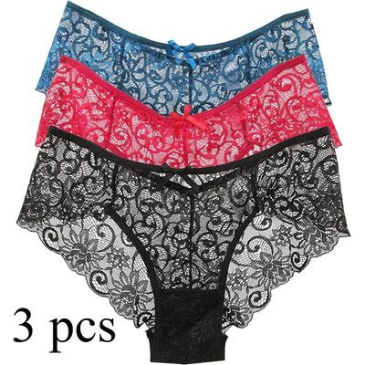 3 Stück Damen Sexy Spitze Slips Damen Slips Unterwäsche für Frauen Atmungsaktive Panty Hohl Dessous Slips Schleife Unterhosen