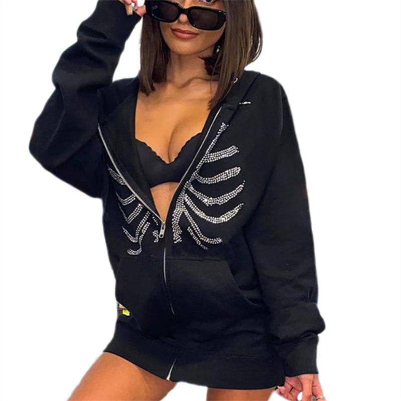 Vintage Harajuku Printing Hooded Jacket Streetwearvintage Rhinestone Skeleton Hoodies Women Gothic Zip Up Sweatshirts Female