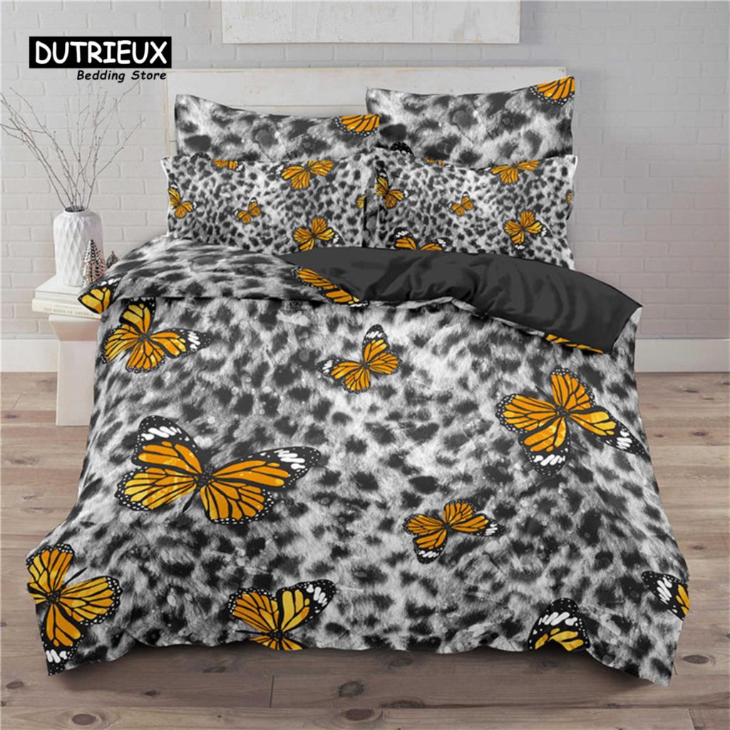 Soft Butterfly Bedding Set Microfiber Leopard Print Background Duvet Cover Set For Adult Bedroom Decor As Greetings and Presents