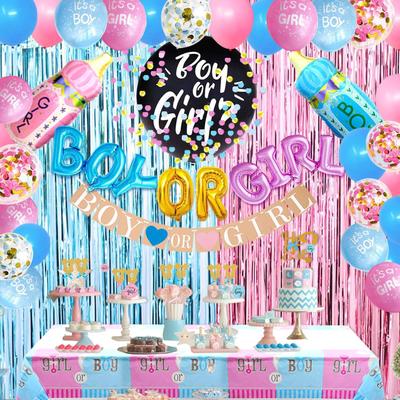 Boy Or Gril Gender Reveal Party Decoration Balloon Set Banner Foil Insert Tablecloth Rain Curtain