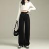 Black High-Waist Leather Straight-Leg Denim Pants - Women's Loosely Fitted Autumn Design