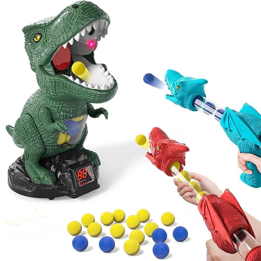 

Игрушки для стрельбы по динозаврам для мальчиков от 4 лет, игра для стрельбы по подвижным мишеням «Динозавр» с 2 пневматическими пистолетами и 48 пенопластовыми пулями, записью очков, светодиодом и звуком