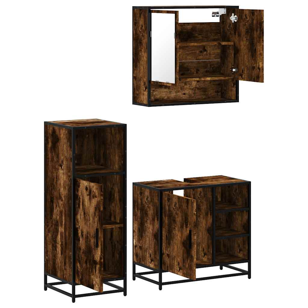 3 Piece Bathroom Furniture Set Smoked Oak Wood Based Panel