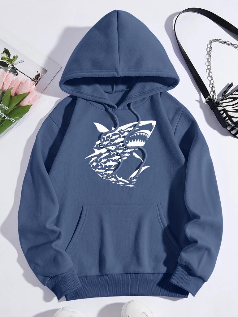 Ocean Sharks Creative Printing Women Hoodies Multicolor Fleece Pullover Y2K Autumn Loose Hoody Casual Comfortable Streetwear