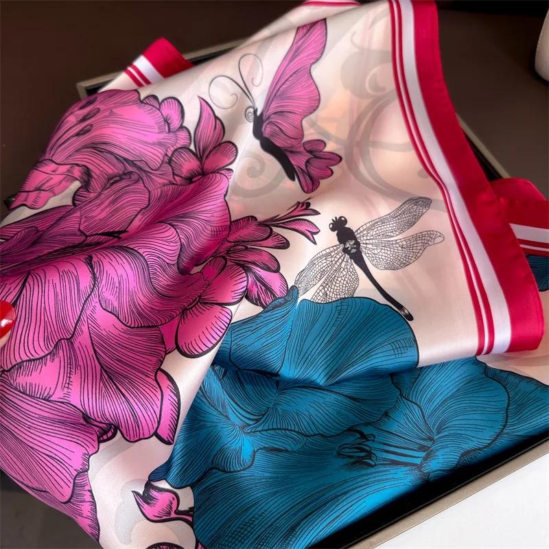 New Floral Print Silk Square Scarfs for Women Fashion Butterfly Neckerchief Female Neck Ties Lady Hairband Soft Satin Hijab