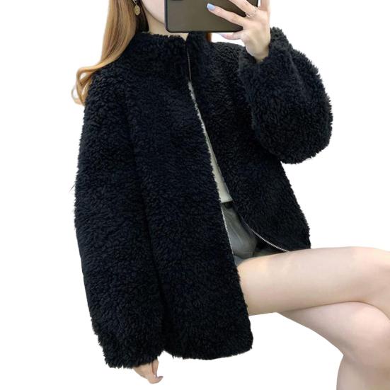 Winter Lady Coat Thickened Double-sided Faux Fleece Solid Color Stand Collar Neck Protection Letter Decor Long Sleeves Keep Warm Outdoor Travel Jacket