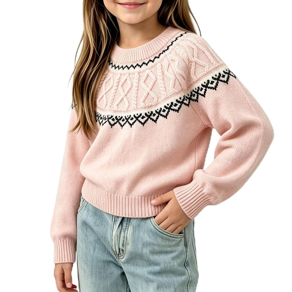 Girls Knitted Pullover Sweater with Pattern, Warm Long Sleeve Base Layer Top for Winter