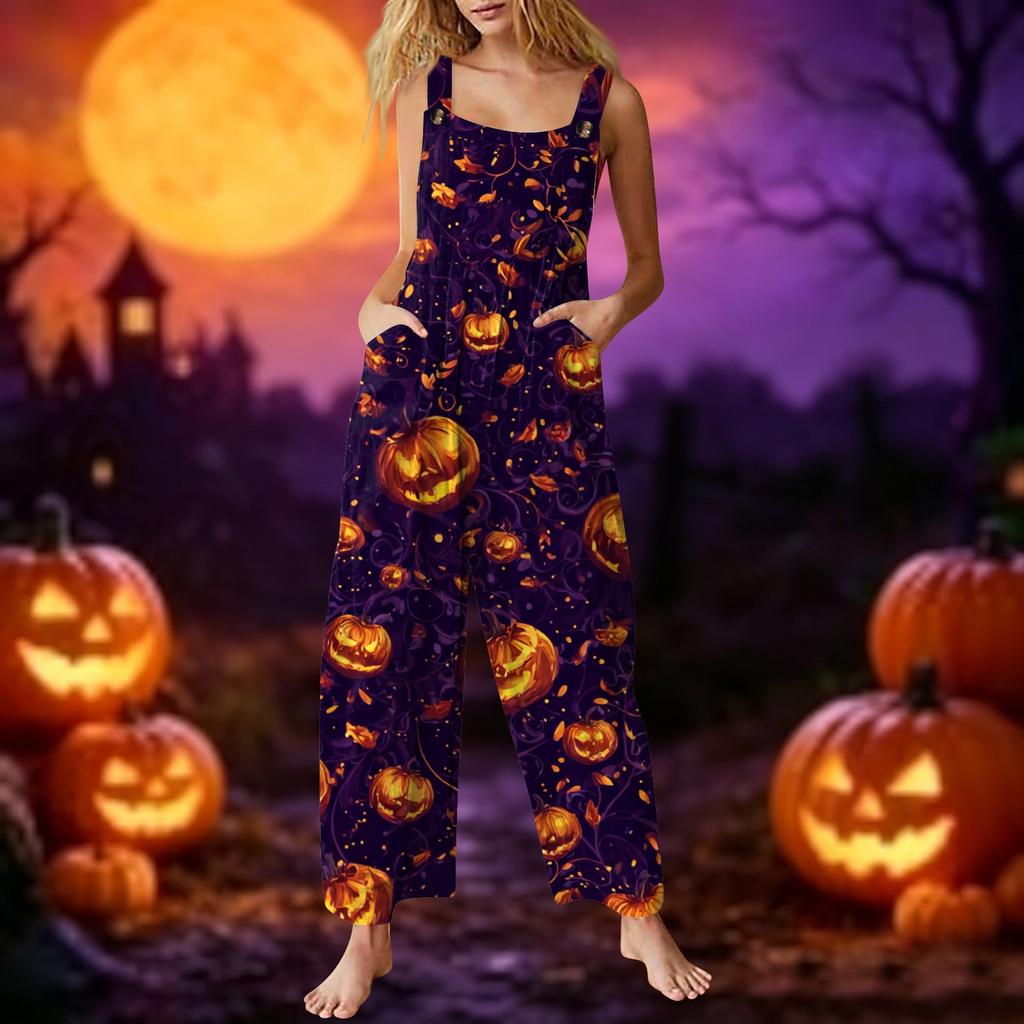 Sleeveless Casual Jumpsuit for Women Cotton One Piece Romper Loose Fit Wide Leg Halloween Print Overall