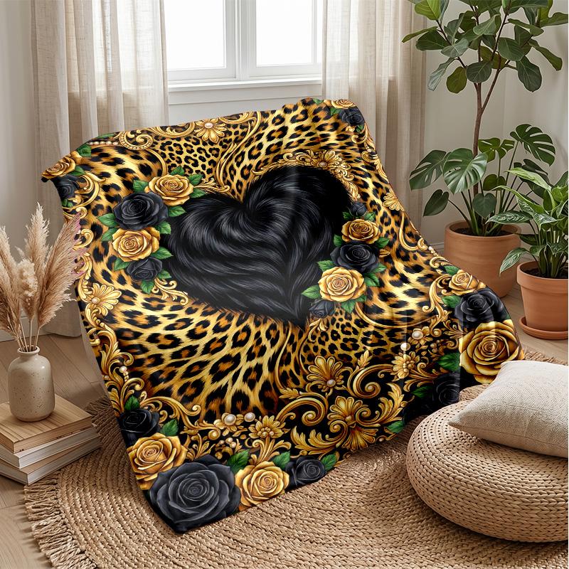 Leopard Heart Roses Art 1 Theme blanket Lightweight Warm Flannel Blanket Decorative Throw Blanket for Home Decoration