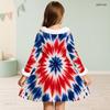 Girls High Neck Long Sleeve Printed A Line Flared Dress Red Blue White Furry Trim Bow Decor