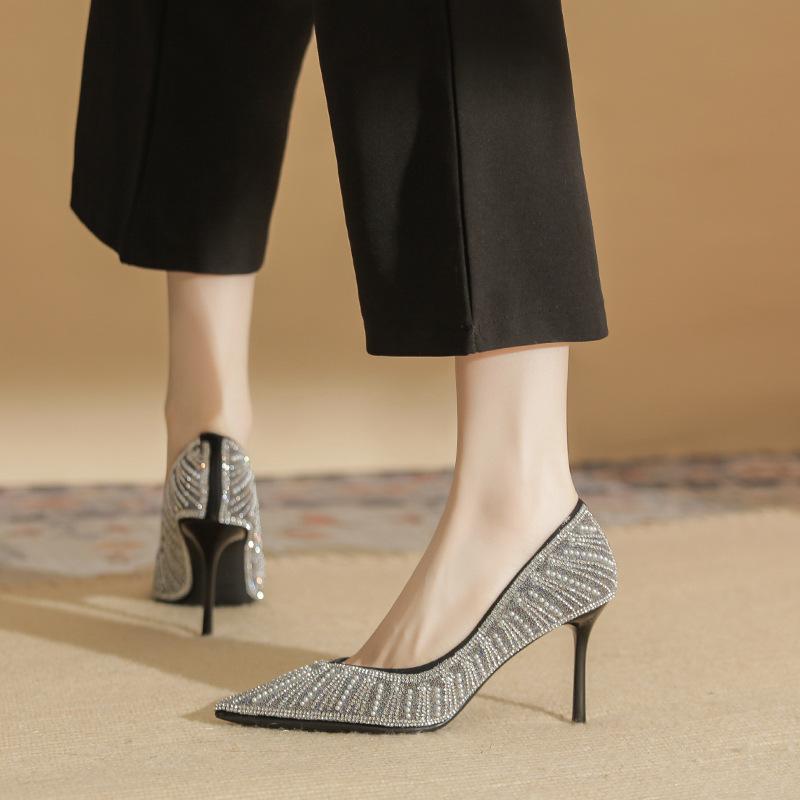 8867 [sheepskin] High Heels Women's Thin Heels 2025 New Pointed Rhinestone Pearl Temperament Shallow Mouth Single Shoes