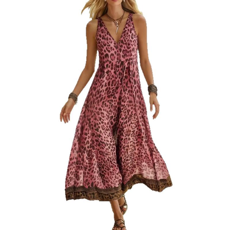 Summer Women's Bohemian Leopard Print Maxi Dress V-Neck Sleeveless Spaghetti Strap Long Dress Casual Loose Flowy Beach Dress