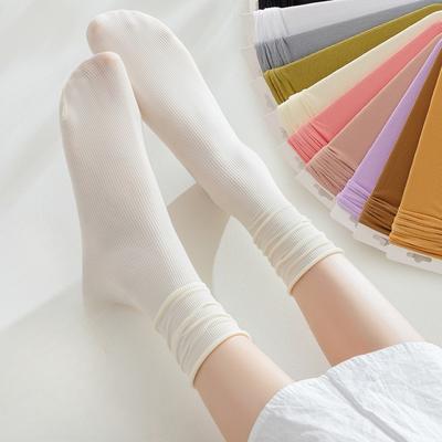 5 Paar Damen Dünne Eis Seide Socken Frühling Sommer Weiß Mittelhoch Garnflor Umgeschlagene Knöchel Socken für Sport und Outdoor Aktivitäten