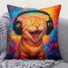 Colorful Cat with Headphones Pillowcase Vibrant Orange Tabby Cushion Cover Funny Music Lover Pet Art Home Decor for Sofa Bedroom