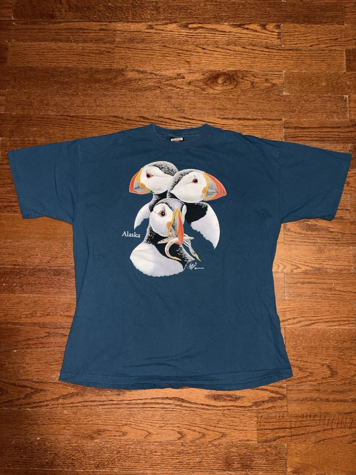 Vintage 90s Alaska Puffins Bird Art T Shirt Mens XL Blue Animal Nature Signal Unisex T-Shirt S