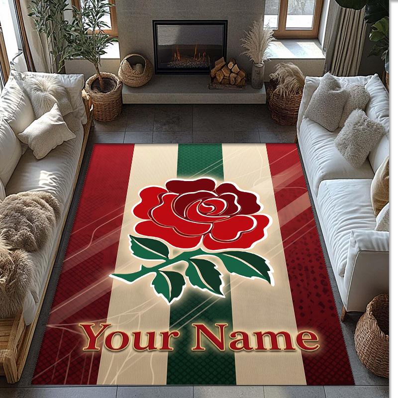 England Rugby Crystal Velvet Rug, Custom Name Text Personalized Non‑Slip Floor Mat for Home Decor Gift
