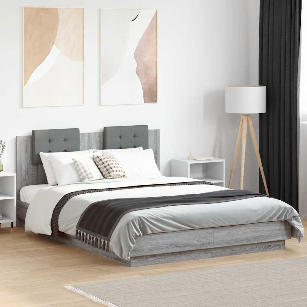 Bed Frame with Headboard and LED Lights Grey Sonoma 150x200 cm