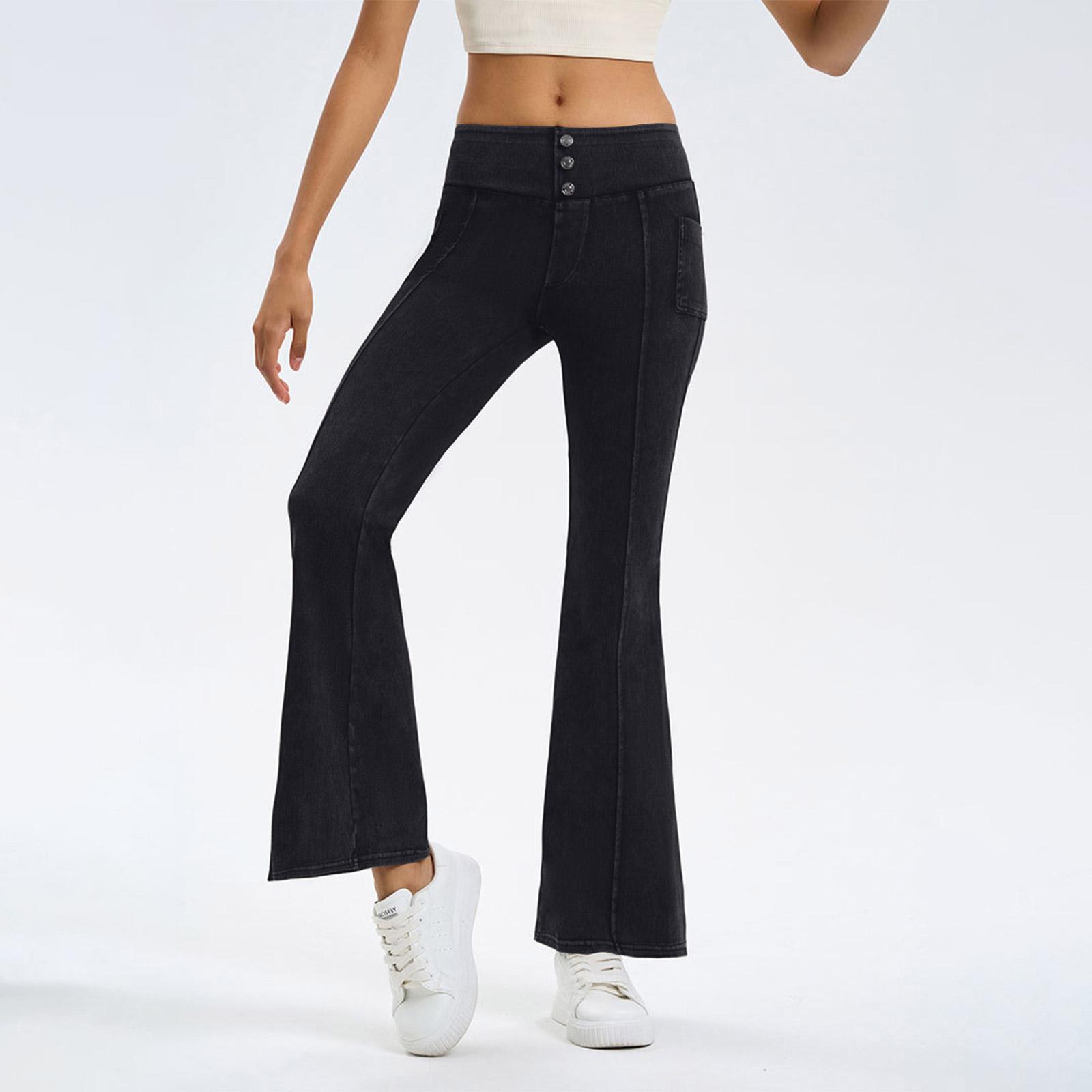 

Женские джинсовые расклешенные брюки для йоги Женские высокоэластичные с утягивающим животом и подтягивающие бедра карманы Спортивные фитнес повседневные брюки XL