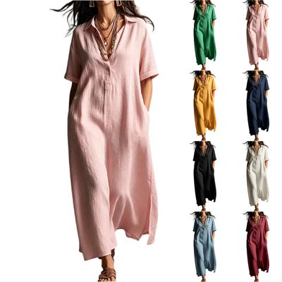 Dames Zomer Casual Jurk met Korte Mouwen Losse Pasvorm Polo Kraag Lange Jurk met Zijzakken Lichtgewicht Comfortabel