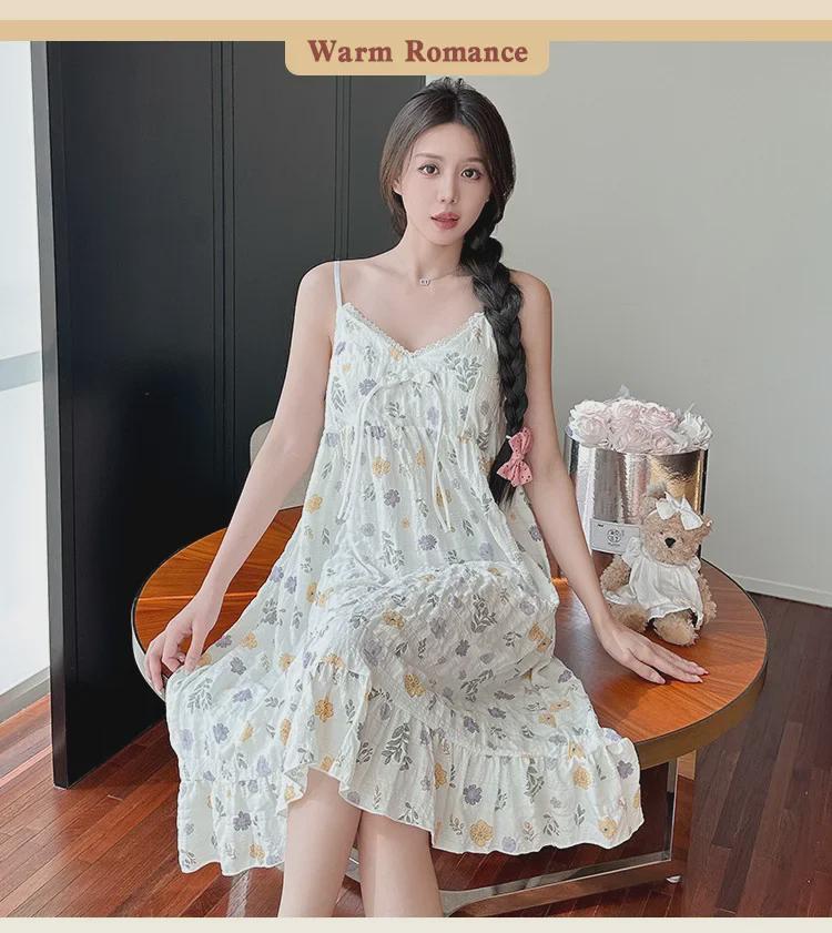 Sommerliches koreanisches Nachthemd aus gewebtem Krepp mit Brustpolstern – süß, dünn, reine Baumwolle für Damen