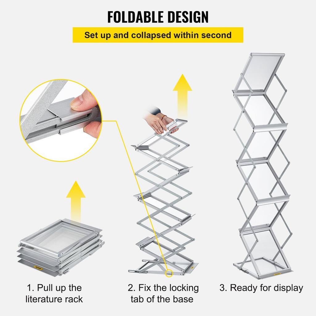 Literature Rack, 6 Pockets, Pop up Aluminum Magazine Rack, Lightweight Catalog Holder Stand w/ Carrying Bag for Living Room, Hotel, Trade Show,