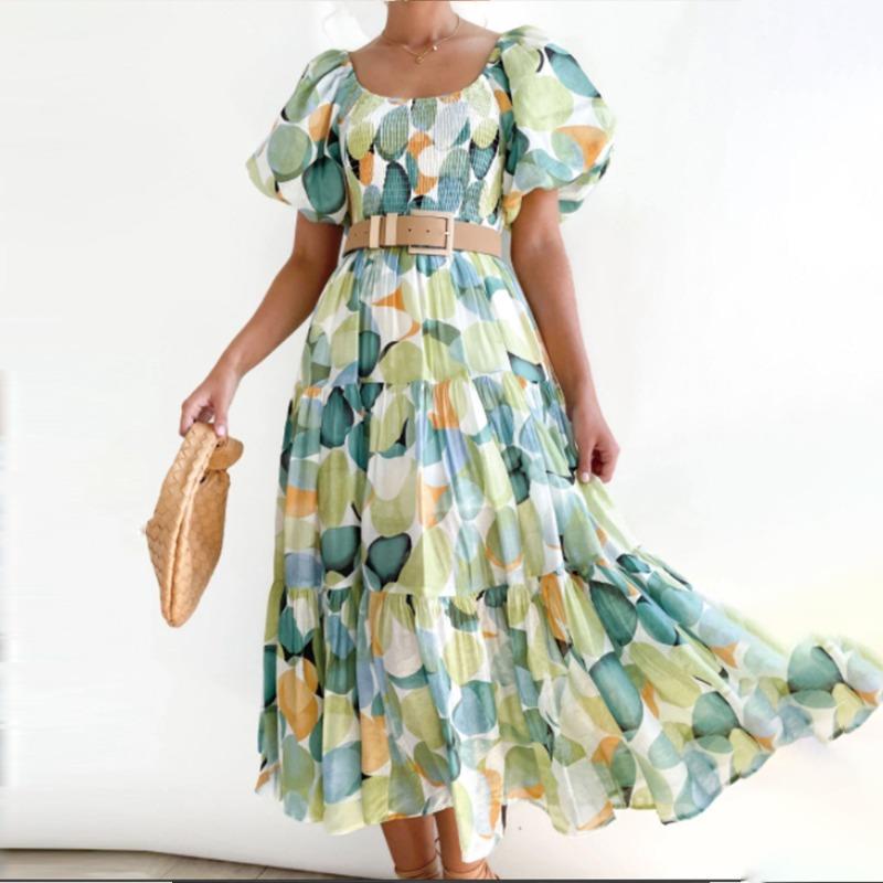 2 new women's bohemian print one-word shoulder holiday style sexy loose dress