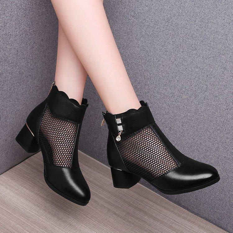 2025 Women's Spring-Summer Soft Leather Breathable Mesh Boots - Mid-Heel, Low Heel, Non-Slip, Round Toe, Chunky Heel Sandals