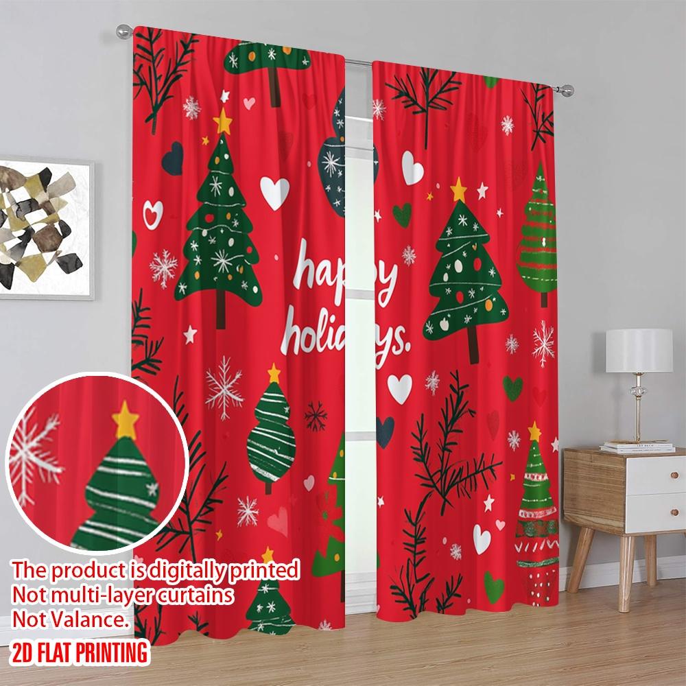 2pcs,2D Plane Printing Print Curtains Christmas Tree Merry Holidays Versatile 100% Polyester (without Rod) Versatile All Use for