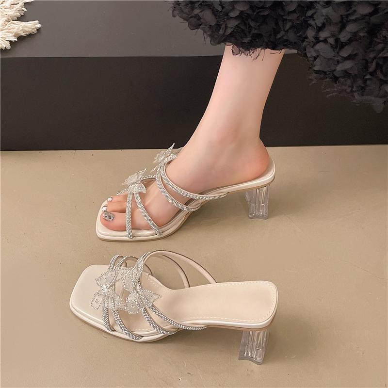 New Butterfly Slippers for Women in Summer New Square Toe Open Toe Crystal Block Heel High Heel Sandals for Summer