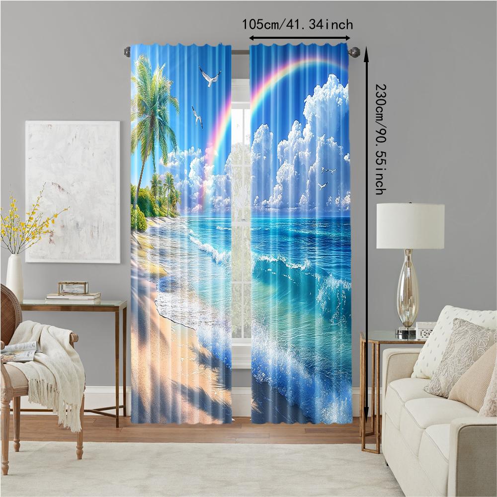 2 pcs   versatile polyester transparent curtains for home decoration Tropical Beach Palm Tree for use in bedrooms and living