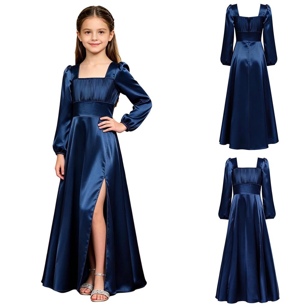 Kids Girls Puff Sleeve Square Neck Satin Party Gown Pleated Bodice Split Hem Back Invisible Zipper for Wedding Performance Banquet