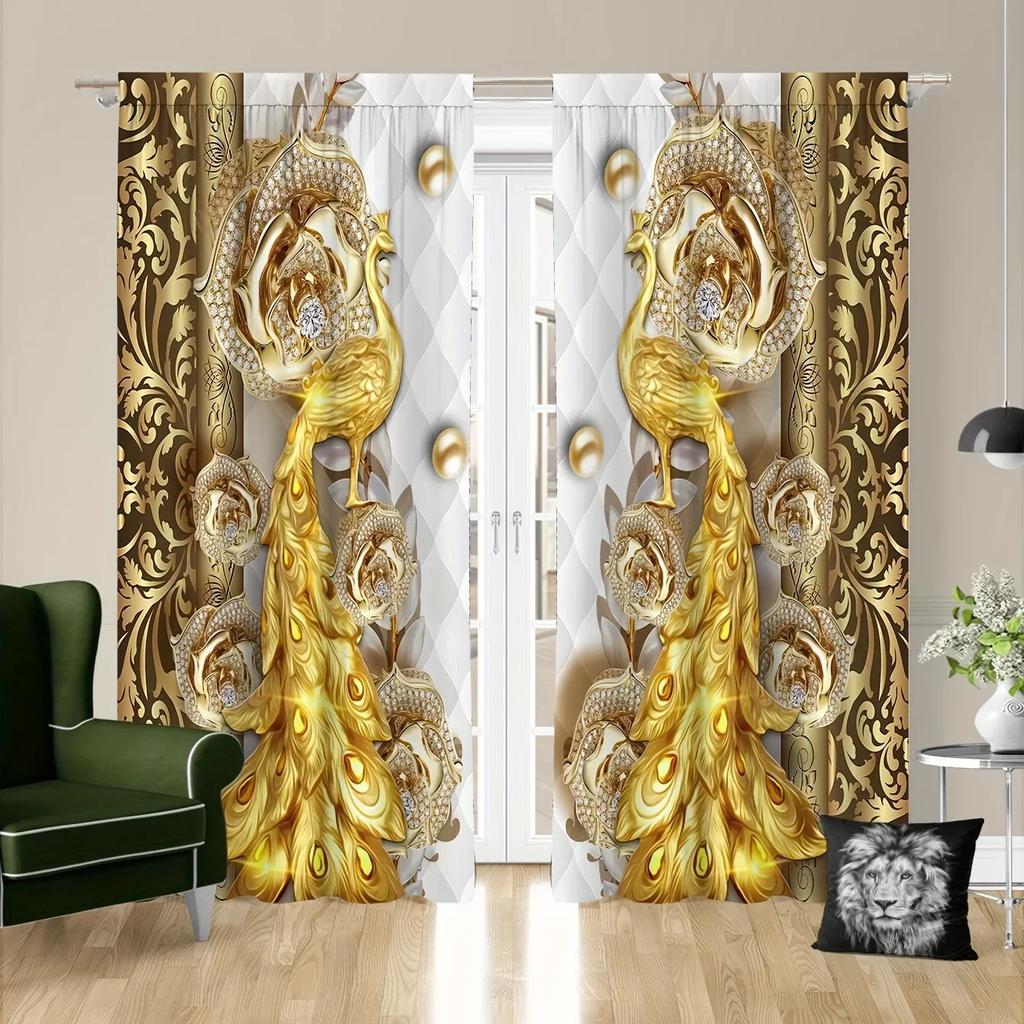3D 2 Stück Goldener Pfau Vorhang Arbeitszimmer Küche Wohnzimmer Stangentasche Oberteil Fenster Drap Schlafzimmerzubehör Raumdeko Zuhause Dec