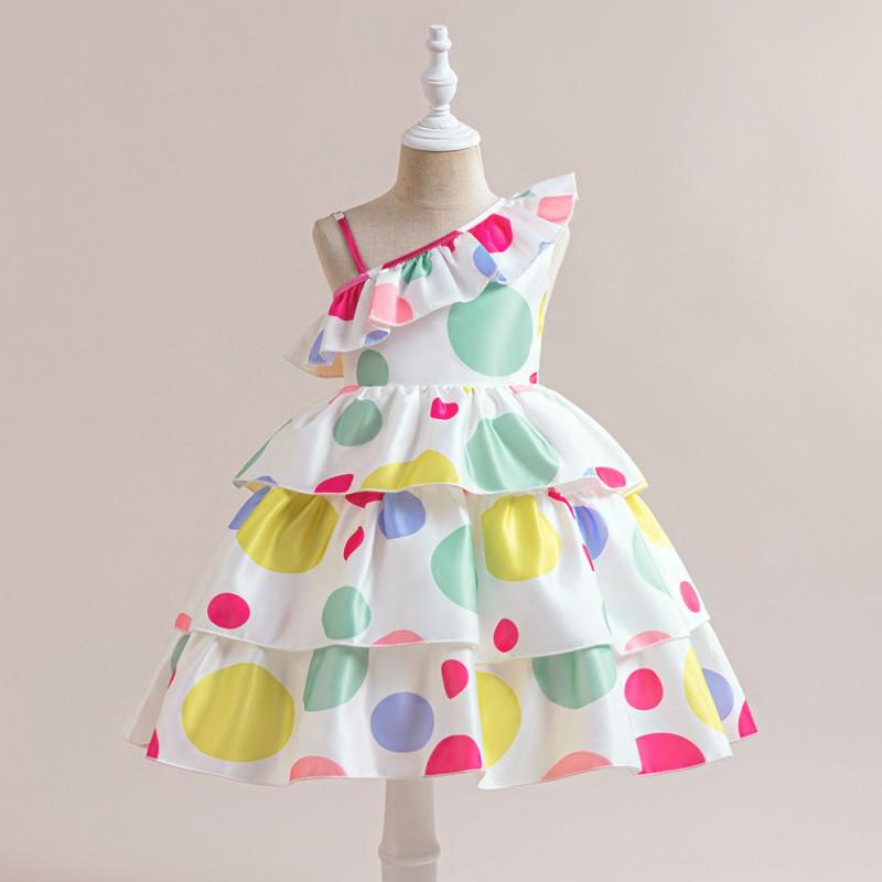 Girls Polka Dot Princess Dress Off Shoulder Formal Gown Kids 4-8 Years Festival Performance Wear