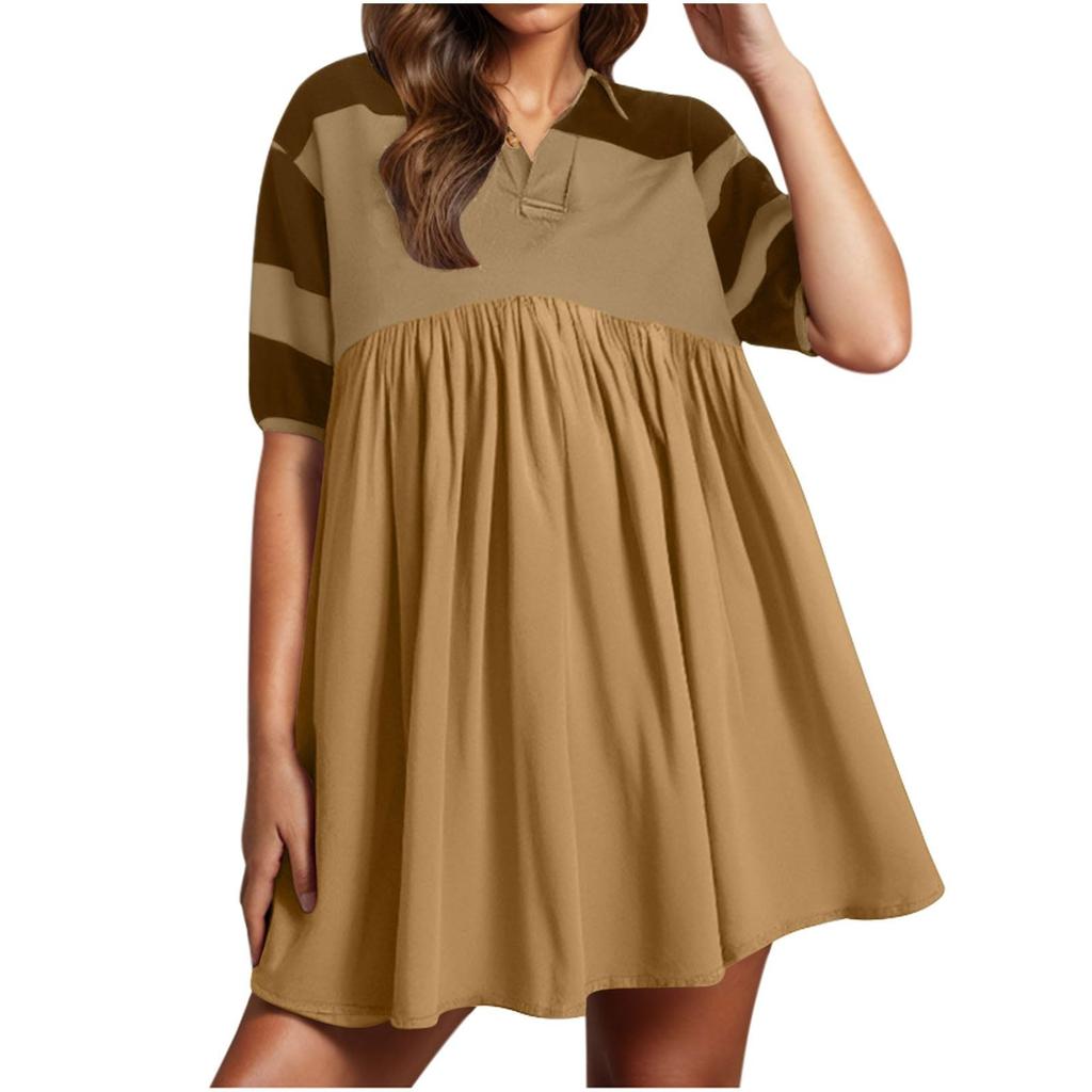 Women Babydoll Dress Striped Colorblock Pleated Oversized Short Sleeve Collar T-Shirt Dress