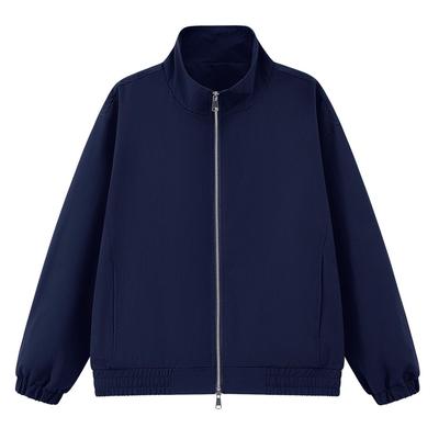Men's Stand Collar Jacket: Solid, Loose, Elastic Hem, Versatile, Short Fit for Spring & Autumn.