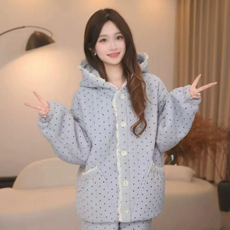 Womens Winter Hooded Pajama Set Thick Warm Fleece Loungewear Home