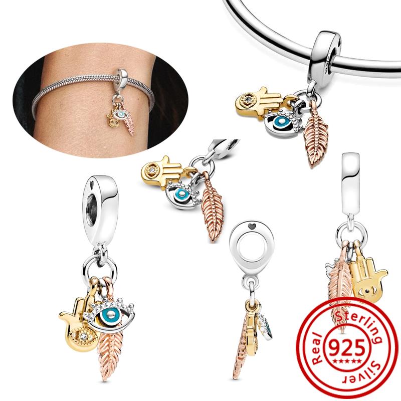 Cobre 925 Corazón de Amor Dorado Trébol de Cuatro Hojas Ángel Sol Árbol Plumas Cuentas DIY Ajuste Pulsera de Abalorios Original Pantaro Zircón Fino