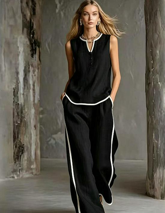 European Style V-Neck Sleeveless Top with Black Trim & Color Blocking, Paired with Simple High-End Wide-Leg Pants - 2026 Summer Collection
