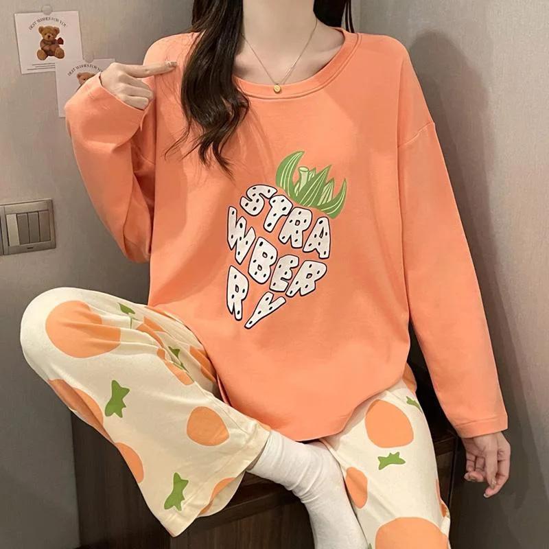 

Весенне-осенняя женская пижама, удобная и дышащая, с длинными рукавами, длинными штанами, круглым вырезом, пуловер с рисунком, комплект домашней одежды M